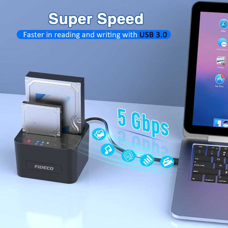 FIDECO Hard Drive Docking Station, USB 3.0 SATA HDD Docking Station for 2.5 & 3.5 inch SATA HDD/SSD, Dual Bay, Support Offline Clone and UASP