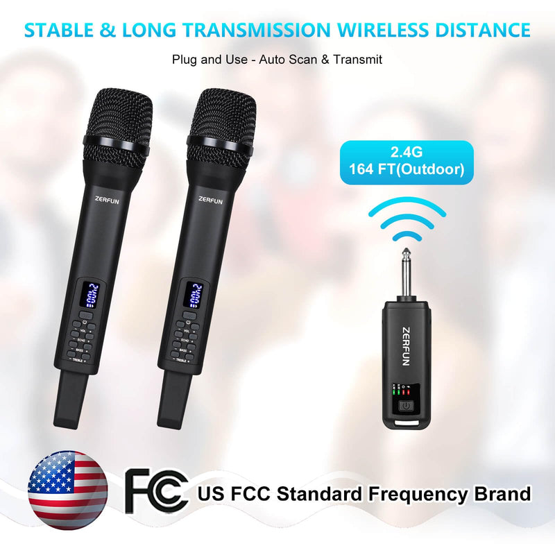 Rechargeable Wireless Microphones Dual, Pro Handheld Cordless Mics System Dynamic with Echo Treble BASS VOL Control for Karaoke Singing Church Party, 1/4'' Output, D240, Black 2 Mics, Black