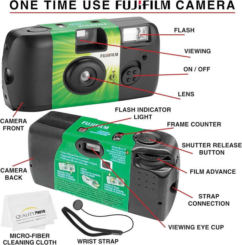 Fujifilm QuickSnap Flash 400 Disposable 35mm Camera with PixiBytes Microfiber Cleaning Cloth... (3 Packs (1 Twin /1 Single Pack)) 3 Packs (1 Twin /1 Single Pack)