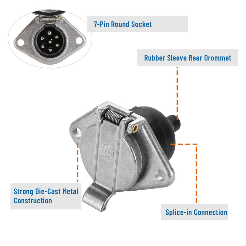 7-Pin Round Vehicle-Side Female-End Socket Replacement SAE J560 Style, Die-Cast Zinc Housing 7-Way Round Electrical Connector, Semi Truck Trailer Wiring Harness Car End - Sliver