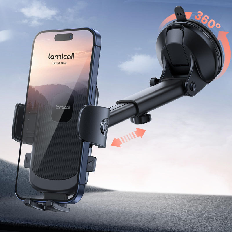 Lamicall Car Phone Holder - [Strongest Military-Grade Suction Cup] 360° Rotation Phone Holders for Your Car Quick Release Adjustable Car Phone Mount Dashboard for iPhone 16 Galaxy Smartphone Truck Black