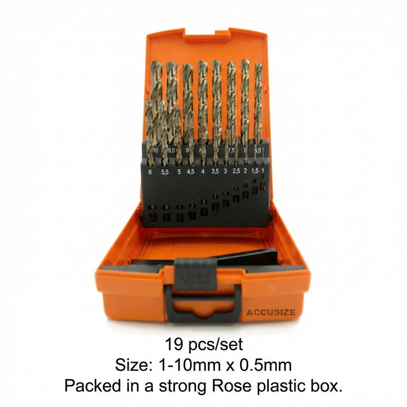 Accusize Industrial Tools M35 H.S.S. Plus 5% Cobalt Metric Drill Set, 135 Deg Split Point, 1 to 10mm by 0.5mm in Plastic Box, 3110-1119 1 to 10mm by 0.5mm, 19 pcs