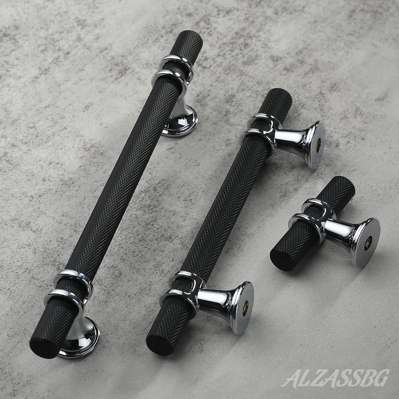 Alzassbg Matte Black and Silver Bar Cabinet Knobs 10 Pack, AL6087CPMB | 2 Inch Length, Knurled T Bar Design, Solid Metal Build, for Cabinets and Drawers 2" Single Hole