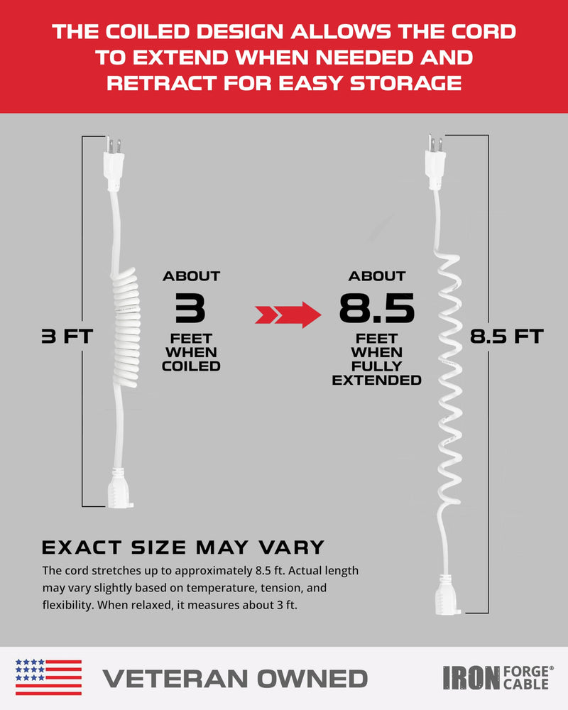 Iron Forge Cable SJEOW White Outdoor Coiled Extension Cord 8 ft, 16/3 13 Amp Oil Resistant & Flame Retardant 3 Prong Coiled Wire for Outdoor & Indoor 1 Outlet