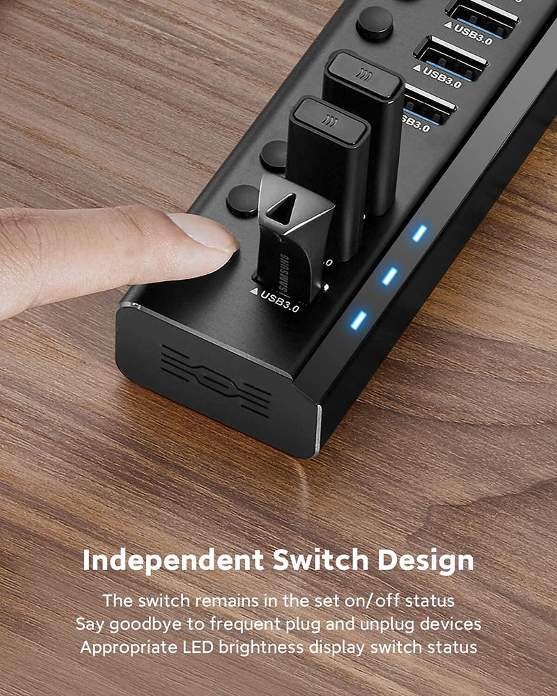 USB Hub 3.0 Powered Rosonway Aluminum 7 Ports USB 3.0 Data Hub Splitter with 24W (12V/2A) Power Adapter and Individual On/Off Switches USB Port Expander for PC and Laptop (RSH-A37S) 7-Port Powered USB 3.0 Hub