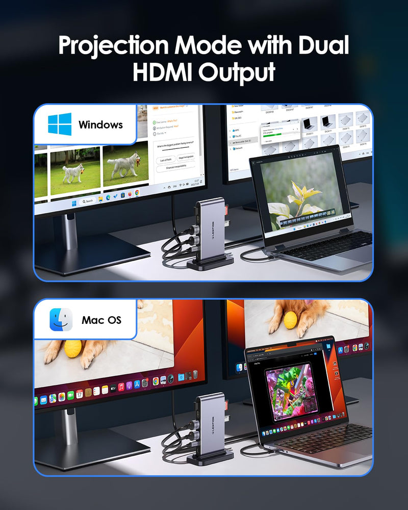 LENTION 10-in-1 Detachable USB C Laptop Docking Station with Dual 4K@60Hz HDMI, PD Charging, USB C, USB-A, SD/Micro Card Readers, 3.3ft Host Cable for Mac, MacBook, Windows use (D62 10-in-1(3.3ft cable+Vertical+Detachable)