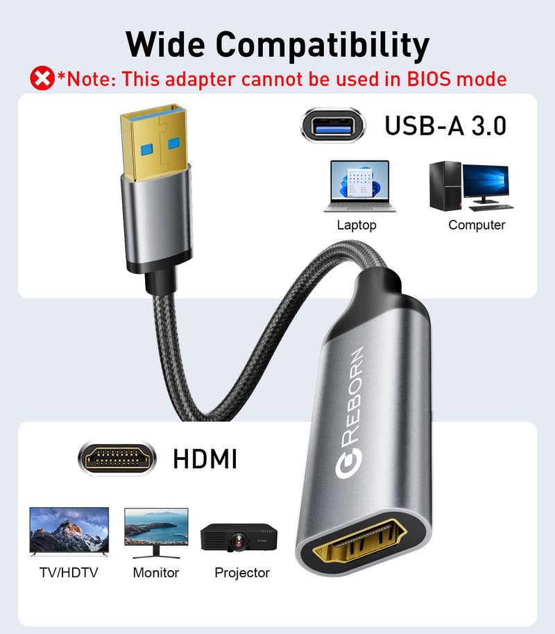Reborn USB to HDMI Adapter, USB 3.0/2.0 to HDMI Multi-Display Cable, 1080P@60Hz USB-A 3.0 Male to HDMI Female Converter Suitable for Windows XP/7/8/10/11 - BIOS Interface Out of Use