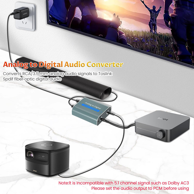 Analog to Digital Audio Converter with Cable 7ft/2.1m RCA AUX to Optical Audio Cable AUX RCA Input Optical Output, 3.5mm to Optical Audio Adapter for Soundbar, Computers, and projectors etc Green