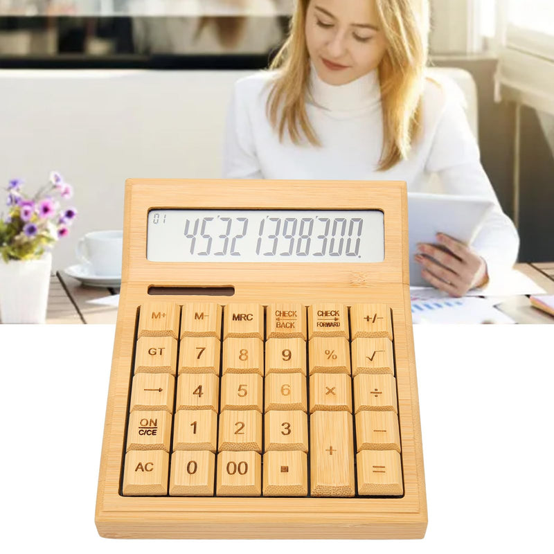 Zopsc Bamboo Calculator, Wooden Solar Calculators with 12 Bit Digital LCD Screen, Basic Standard Function Desk Calculators with 29 Big Buttons for Office Home School Store