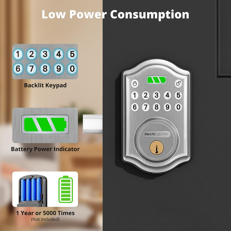 AkaGear Keyless Entry Door Lock with Keypad - Smart Deadbolt for Front Door with 2 Keys - Auto Lock - Easy Installation - DS10 Mini (Satin Nickel) Satin Nickel