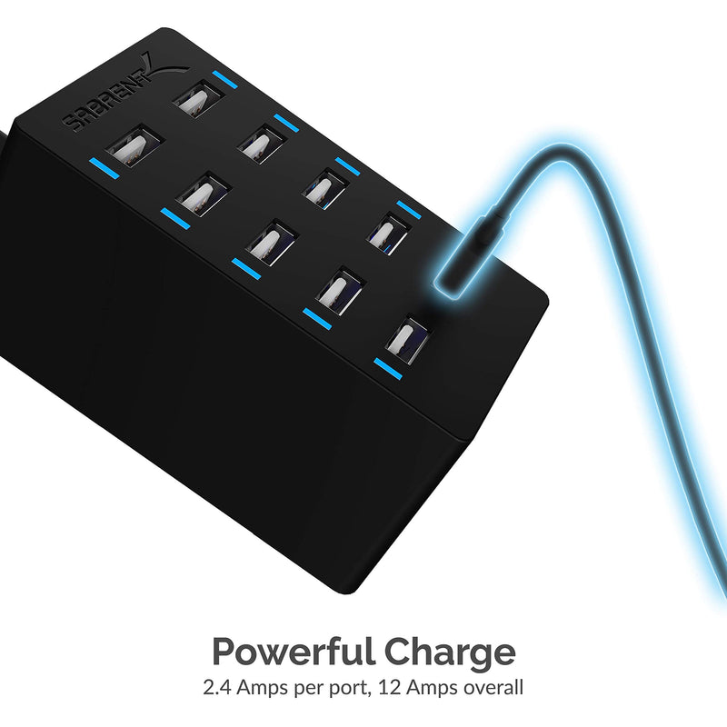 SABRENT 60 Watt (12 Amp) 10 Port [UL Certified] Family Sized Desktop USB Rapid Charger. Smart USB Ports with Auto Detect Technology [Black] (AX-TPCS) 10-Port