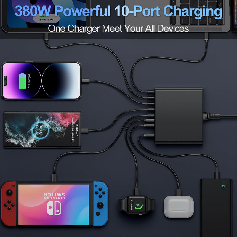 380W USB C Charger,10-Port USB C Charging Station GaN III Fast Charging Station Hub Laptop Adapter for MacBook Pro/Air,iPad,iPhone,Dell XPS,Samsung Galaxy(Black)