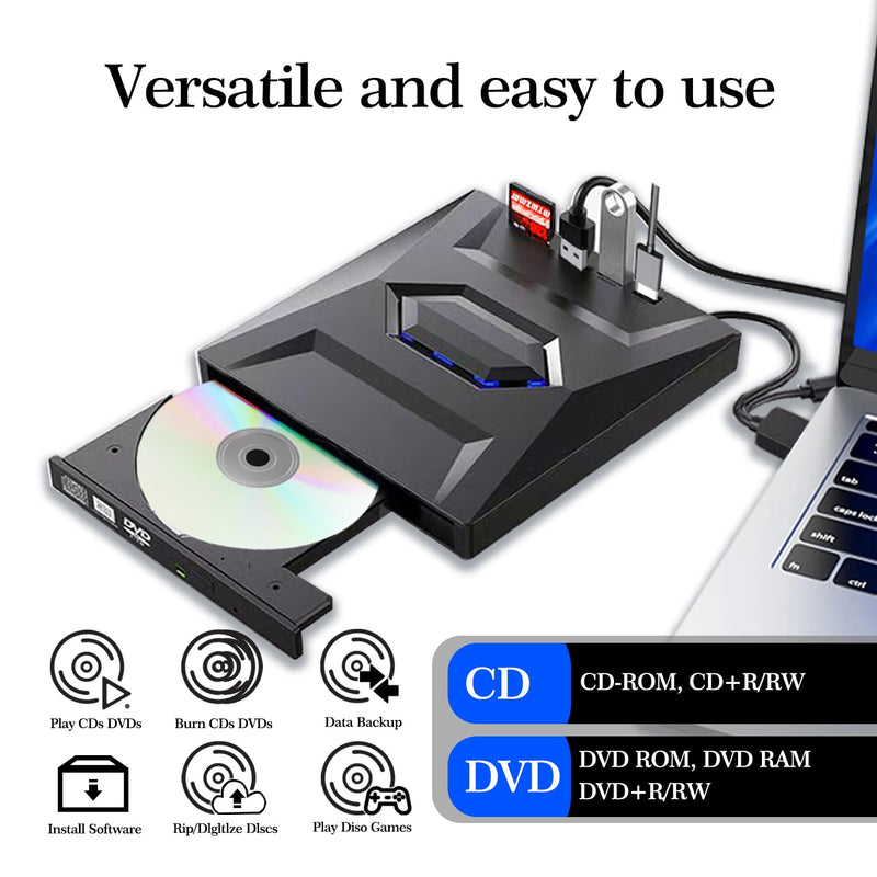 External CD/DVD Drive for PC and Laptop - 5-in-1 USB C Portable DVD Player with SD Card Slot & 3 USB Ports - High-Speed CD Burner Compatible with Mac, Windows 11/10/8/7, Linux