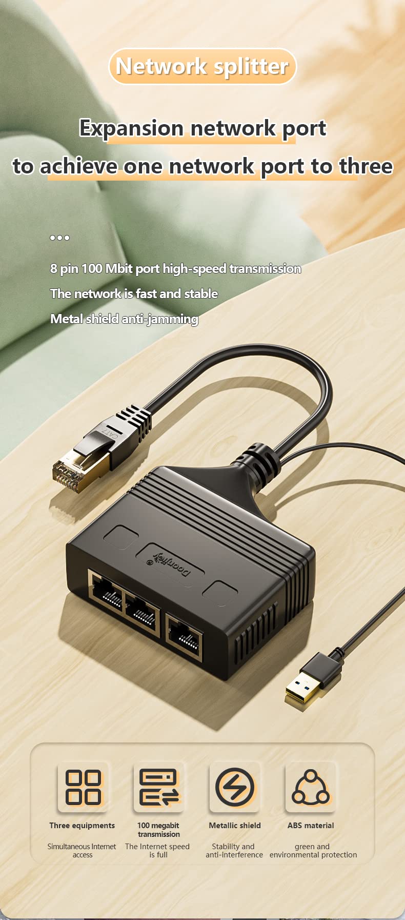 1 to 3 Port RJ45 Network Ethernet Adapter Splitter,esbeecables Ethernet Splitter 1 Male to 3 Female LAN Ethernet Splitter Adapter with USB Charging Port Suitable Super Cat5,Cat5e,Cat6,Cat7,Cat8