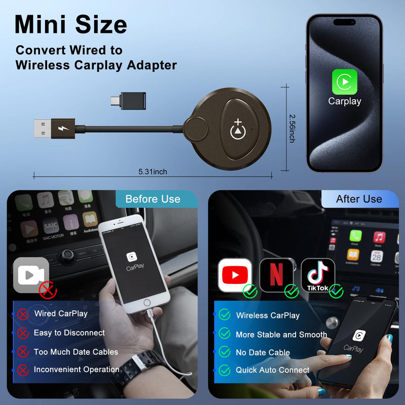 Wireless Carplay Adapter Built in YouTube Netflix,Carplay Wireless for Wired CarPlay to Wireless Support YouTube Netflix Tiktok Video Play,Easy Plug and Play_Black Black