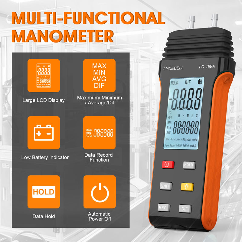 LC-189A Pressure Gauge, Digital Air Pressure Gauge, Differential Pressure Gauge, HVAC Gas Pressure Gauge, Suitable for Air Pressure Measurement (Black + Orange)
