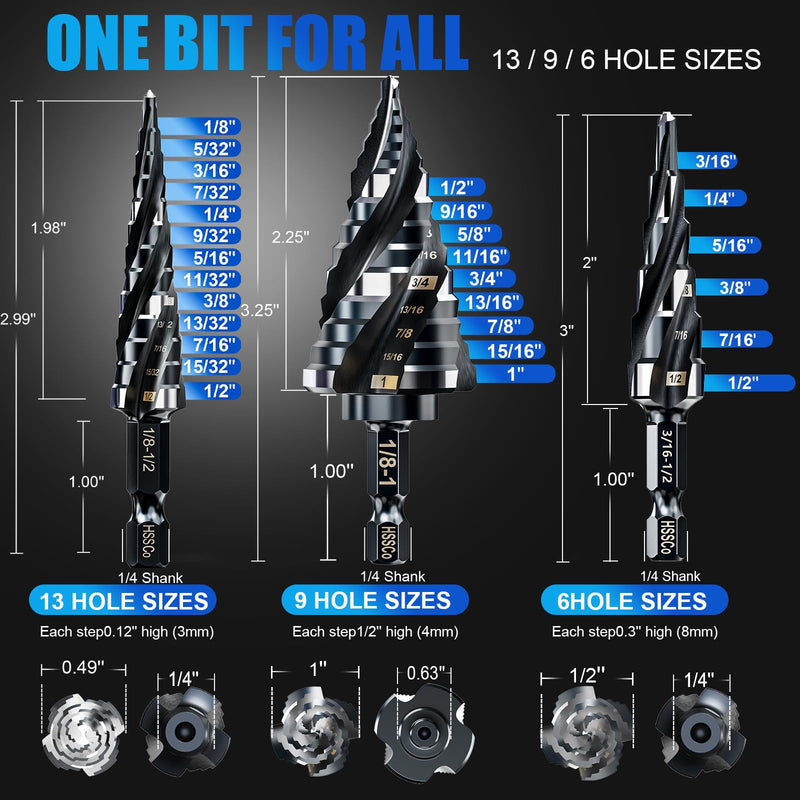 Four Spiral Flute M35 Step Drill Bit Set 1/4"-1"(3 pcs 30 Sizes), 1/4" Shank for Metal Step Drill bit, Impact Resistant Cobalt Step Drill Bit, for Stainless Steel, Wood, Aluminum, Plastic Spiral 1/4"-1"