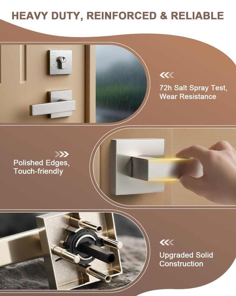 KNOBWELL 1 Pack Passage Door Handle with Deadbolt, Brushed Nickel Double Cylinder Deadbolt Lock Square Front Door Lock Double Cylinder Deadbolt with Passage Lever