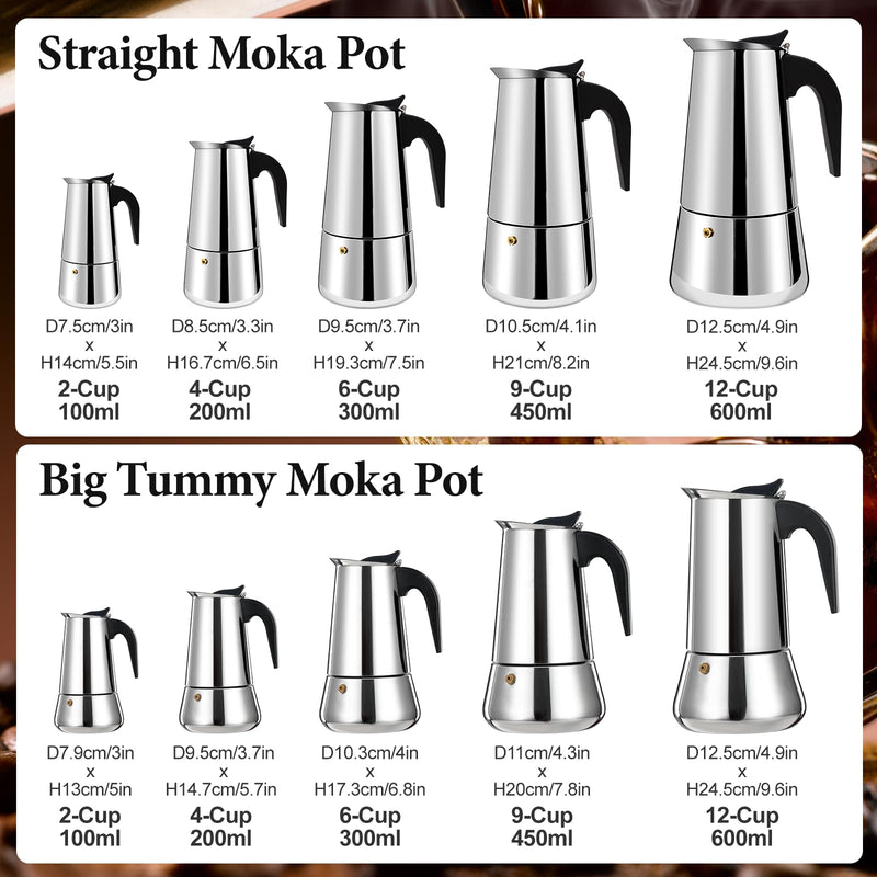 2 Cup Moka Pot Percolator Italian Coffee Maker 100ml Stovetop Espresso Mocha Stainless Steel Greca Coffee Maker Classic Cafe Makers Suitable for Induction Cookers Ceramic Stoves Straight 2 Cup 100ml