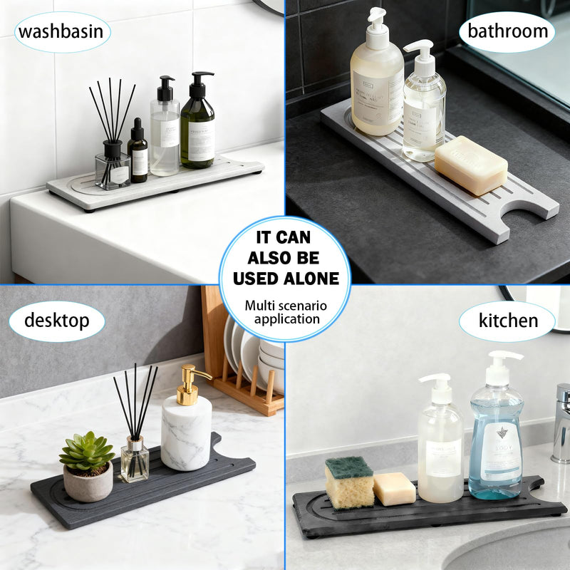 Stone Faucet Mat for Kitchen Sink with Raised Feet, Sink Mat for Kitchen Faucet, Water Absorbent Diatomite Stones Sinks Tray, Sink Splash Guard & Protectors, Stone Drying Tray for Bathroom Counter 23.7" x 4" Dark Gray Style 1