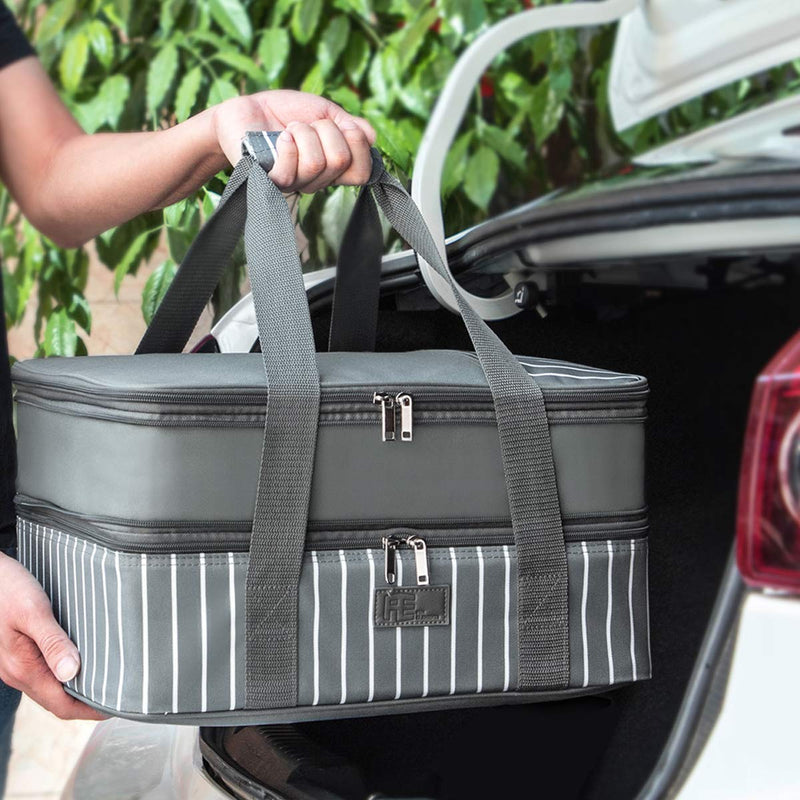 FE FUN ELEMENTS Casserole Carrier, Expandable Insulated Casserole Carriers for Hot or Cold Food, Lasagna Lugger for Parties, Fits 9" x 13" Baking Dish, Grey Double