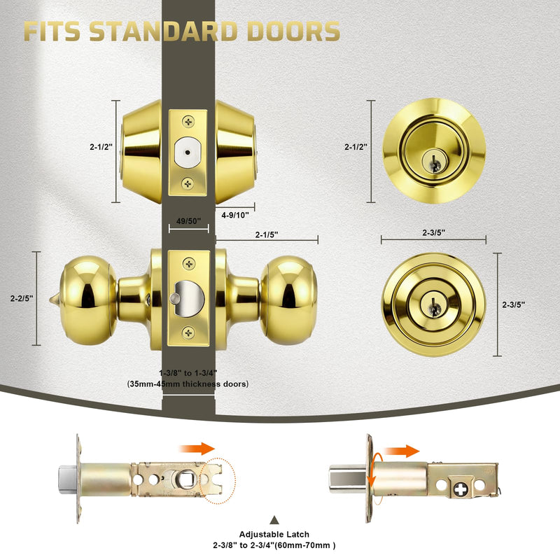 KNOBWELL 1 Pack Keyed Alike Door Knob and Double Cylinder Deadbolt Set, Exterior Door Lock Set, Polished Brass