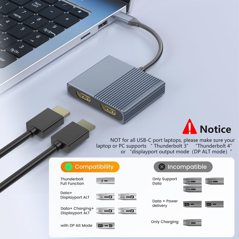Dual HDMI Adapter for 2 Monitors, Double 4K@60Hz HDMI Splitter for dual monitors, Dual Monitor Adapter, hdmi Splitter Extended Display, USB C Laptop Docking Station Dual monitor for Dell/Mac/HP/Lenovo Dual HDMI Port 4K@60Hz