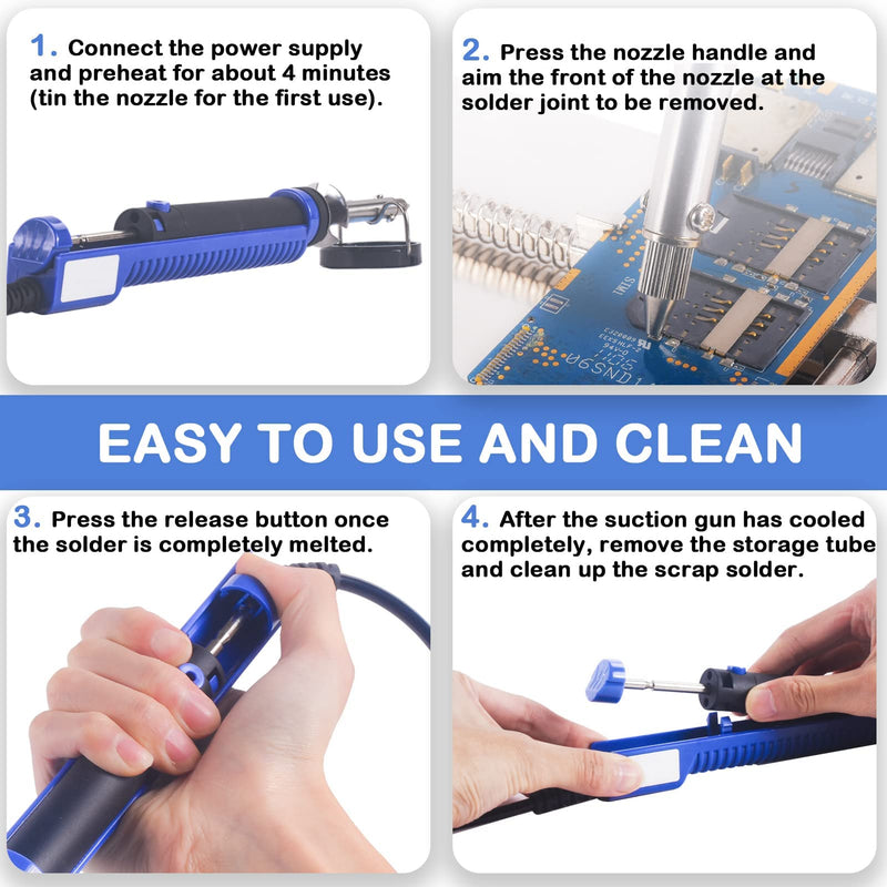 K KERNOWO 929D-V Electric Desoldering Soldering Iron Sucker – Desoldering Pump Tool with 1.0mm & 1.2mm Nozzles, Desoldering Gun with Wick & Cleaning Pin for Through-Hole Solder Removal Blue