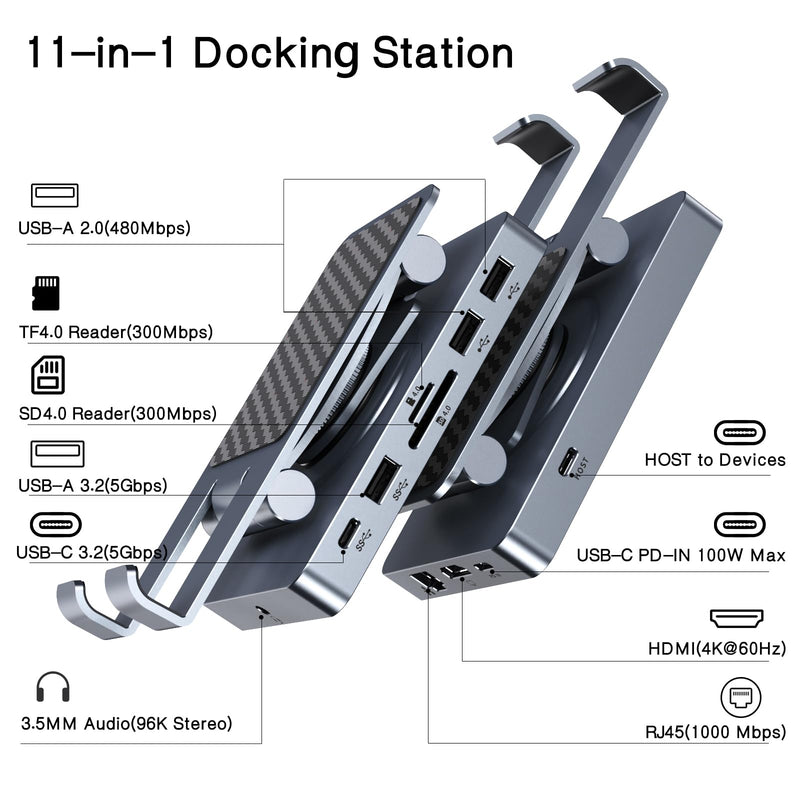 Versatile USB C Docking Station for iPad (USB-C), 11-in-1 with SD TF 4.0 Reader, 4K@60Hz HDMI, RJ45, Audio, USB A, USB c, Rotatable, Also for Tablet, Steam Deck, ROG Ally, Legion Go, with 65W Adapter With 65W Charger