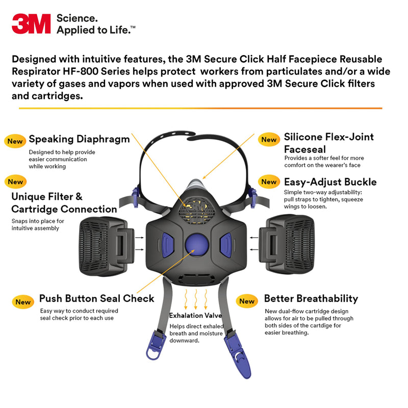 3M Respirator, Secure Click Half Face Reusable Respirator with Speaking Diaphragm and Push Button Seal Check, HF-803SD, Sweeping, Sanding, Grinding, Sawing, Dust, Large 1 Count (Pack of 1)