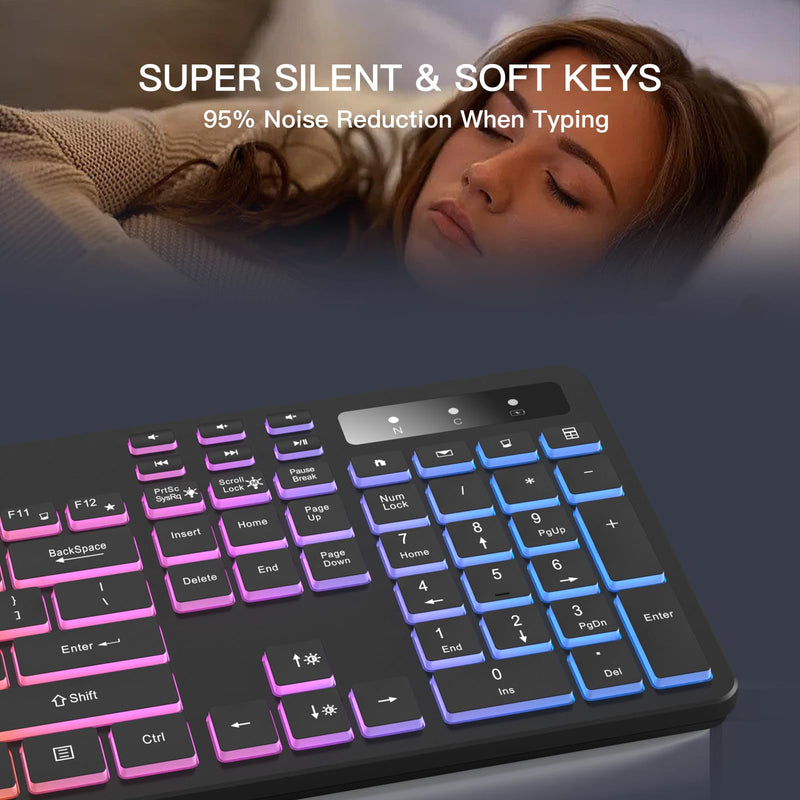 Wireless Keyboard with 7-Color RGB Backlit, Full-Size Computer Keyboard with Phone Tablet Holder, Rechargeable 2.4G Wireless Gaming Keyboard with Light Up Key, Compatible with Mac, Windows
