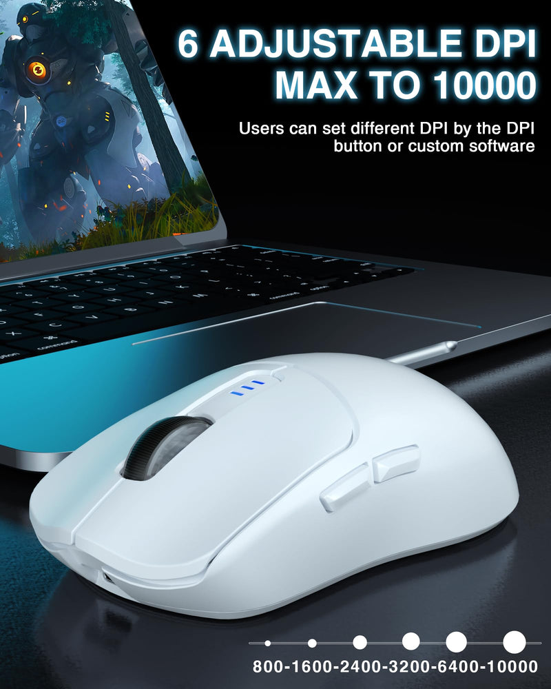 AULA SC580 Wireless Gaming Mouse, Tri-Mode 2.4G/BT5.0/USB-C Gaming Mouse, 10000 DPI Rechargeable Wireless Mouse with 6 Programmable Buttons, Ergonomic Computer Mouse for Laptop/PC/Mac/Tablet White