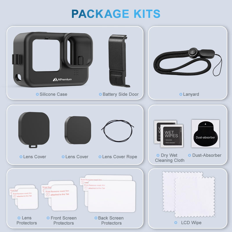 MiPremium Black Silicone Sleeve Case for GoPro Hero 12 11 10 9 Black Cameras with Battery Side Cover, Screen Protectors, Lens Caps & Lanyard – Complete Accessories & Protection Kit Bundle for Go Pro
