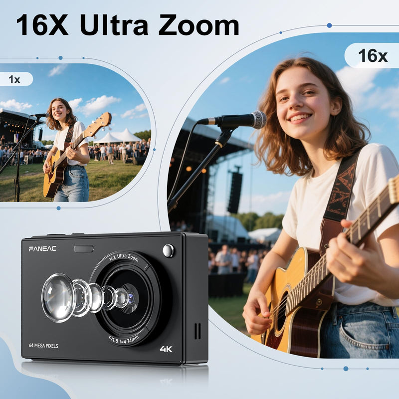 S1 Digital Camera for Kids & Beginners, Autofocus Point and Shoot Camera with IPS Screen, 16x Zoom, Macro, Lens Filters, Self Timer, 32GB Card Included - Black (Digital 4K UHD 1080P FHD)
