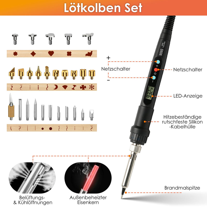 Pyrography Torch & Pyrography Soldering Iron Set 71-in-1, 80W LED Temperature Adjustable 180-500°C with Switch, Wood Burner for Engraving for Wood, Leather, DIY Art & Gifts - for Professionals & Hobby