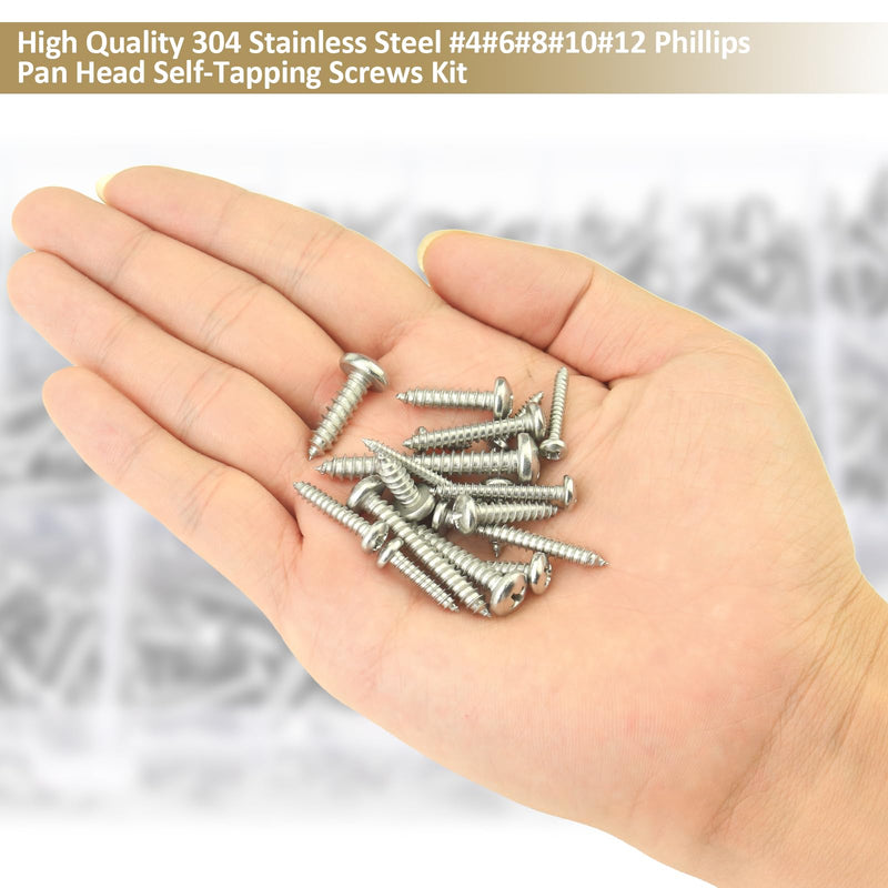 542 Pieces #4#6#8#10#12 Phillips Pan Head Self-Tapping Screws, Wood Screws Assortment Kit, 304 Stainless Steel