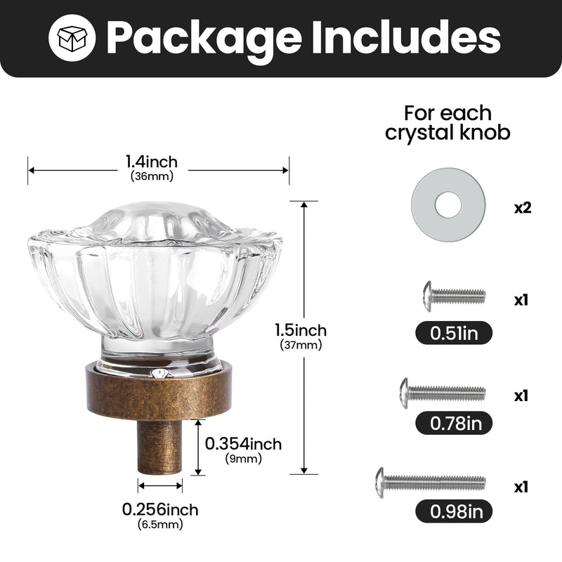 Vintage Cabinet Knobs Crystal Cabinets Knob 8 Pack, Antique Brass Bronze Small Pull, Clear Crystal Closet Dresser Drawers Cupboard Wardrobe Old Fashioned Handle, Retro Pulls Two Installation Methods