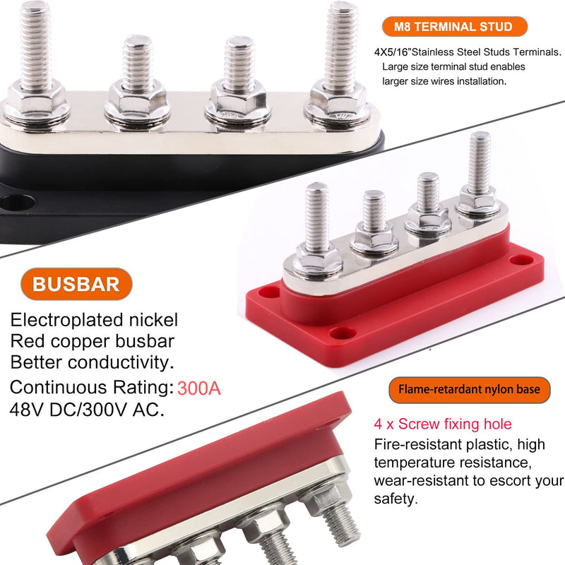 300A Bus Bar Marine Power Distribution Block with Cover 4X 5/16" (M8) Terminal Studs with Cover Marine Battery Bus Bar 12V - 48V for Automotive Car Boat 300A-4x 5/16"- Black& Red