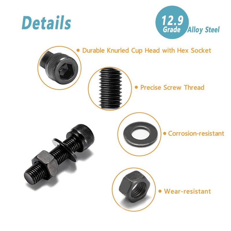 Kadrick M2 M3 M4 M5 Screws Nuts and Washers Assortment, Grade 12.9 Alloy Steel, Hex Socket Head Cap Metric Bolts and Nuts Kit, Black Zinc Palted,Anti Rust Upgrade M2-M5 1230Pcs