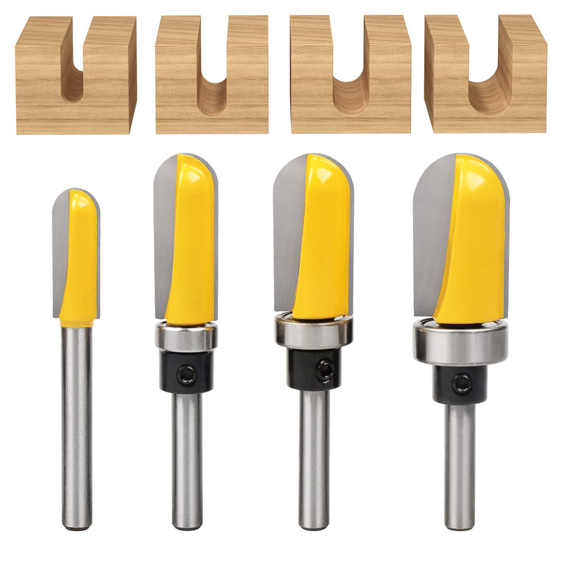 Exqutoo 4Pcs 1/4" Shank Carbide Round Nose Groove Router Bit Set Template Router planing Head Set with Ball Bearing Engraving Router planing Head Wood Cutter Woodworking Tools Carving Cutting Tool 3.94 x 3.35 x 1.18 inches/4Pcs