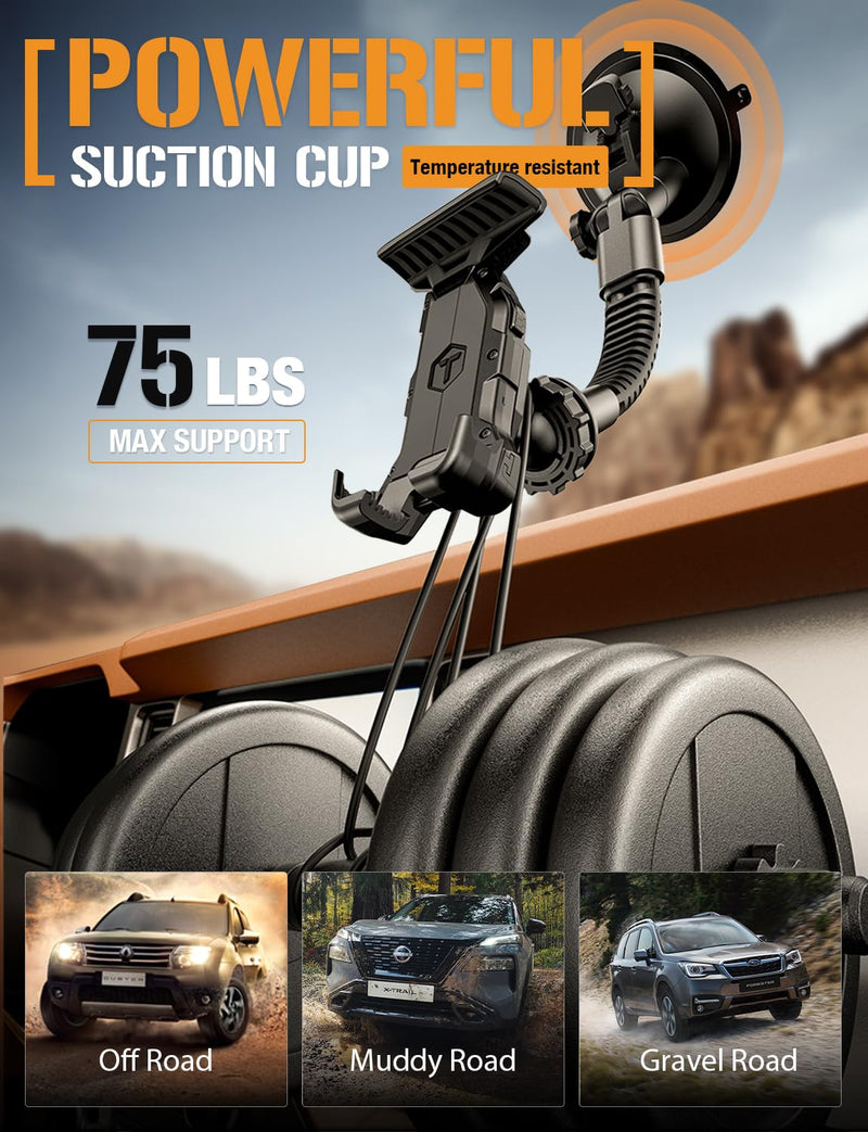 ToughTested Phone Holder GPS Mount, Heavy Duty Suction Cup Tablet Holder for Windshield, Fits Max Smartphone & Tablet(Up to 12.1"), Off-Road Ready, Vibration-Free, Ideal for Truck Driver & Adventurer