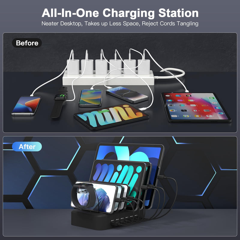 MSTJRY 90W 6-Port USB C Fast Charging Station for Multiple Devices, Multi PD Charger Station for iPhone iPad Tablet Phone, Charging Dock Organizer with Adjustable Dividers for Home Office Classroom black