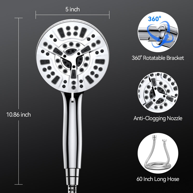 VOXON Magnetic High Pressure Shower Head, 10-Mode Handheld Shower Head, Built-in 2 Power Wash, Adjustable Shower Head with Handheld with Magnetic Docking & 60'' Hose, 2.5 GPM Showerhead with 5'' Face Silver