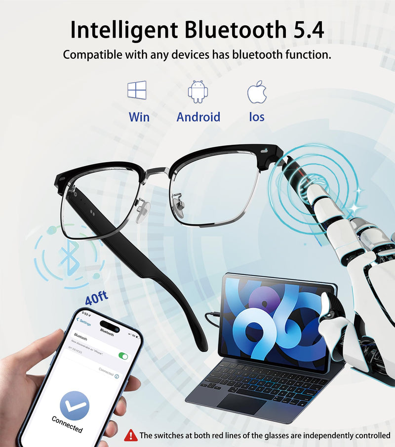 Smart Glasses for Men & Women, Built-in Mic & Speakers Bluetooth Audio Glasses, Blue Light Filter & Polarized UV 400 Protection Lenses Open-Ear Bluetooth Sunglasses for Android iOS, Half Frame Half Frame Clear Lenses Black