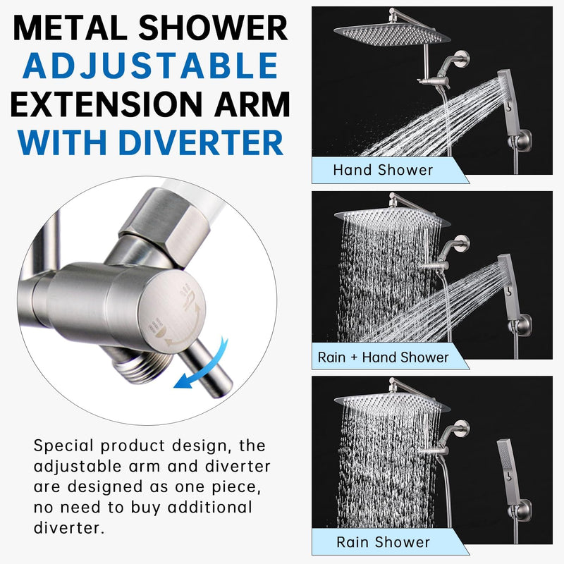 G-Promise Metal Shower Head Extension Arm with Diverter, Handheld Holder Included, G1/2 Universal Thread Rain Shower Arm, Brass Adjustable Extender with 3-Way Diverter, Brushed Nickel