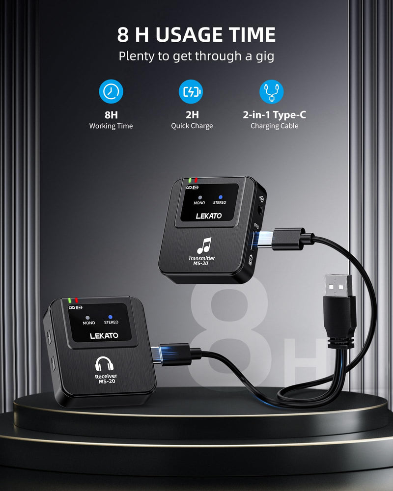 LEKATO Wireless In-Ear Monitor MS-20, 2.4G IEM System Low Latency, with Beltpack Transmitter Auto-Pairing Receiver, OTG Support, One to More, in-Ear Monitoring for Live Performance Singer Band Starter Grey