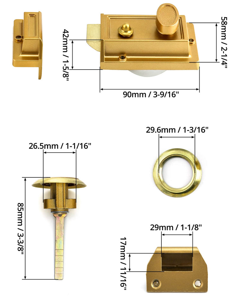 QWORK Night Latch Deadbolt Rim Lock with Key, 2Pack Gold Finish Antique Style Lock with Front Door Key