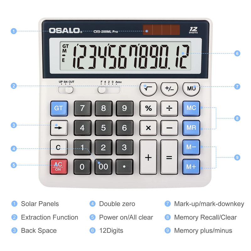 OSALO Desktop Calculator Accounting Big Buttons Extra Large Display VAT Tax Function 12 Digit Solar and Battery