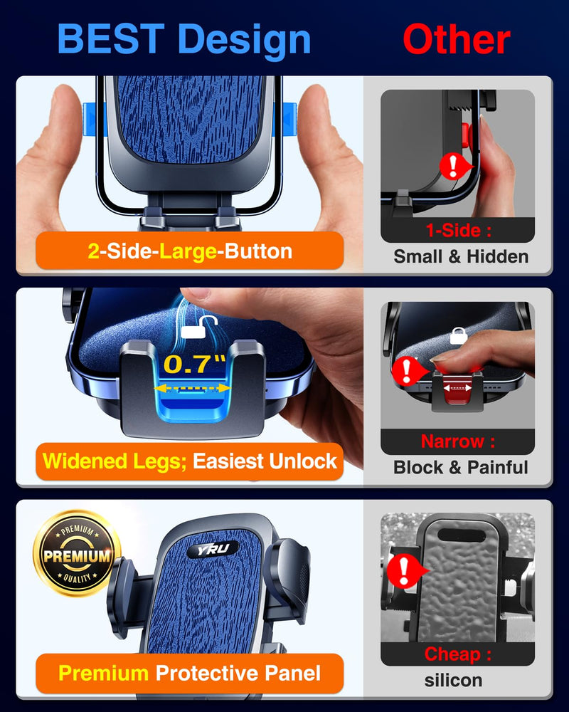 YRU True Military-Grade [360° Rotation Suction] 2025 Ultimate Car Phone Holder Mount 【90+LBS Safest Strongest & Patent Certs】 Dashboard Windshield Vent for iPhone 17 16 Pro Max Samsung, Dark Blue