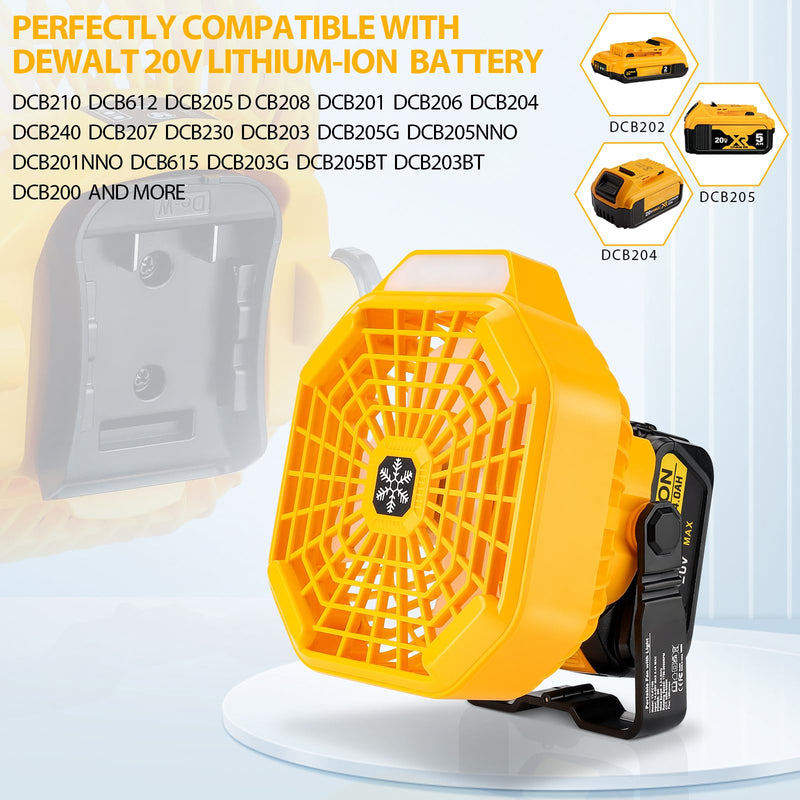 Taingwei Portable Fan with Remote for Dewalt 20v 60v Battery,Battery Operated Fan with 3 Energy Efficient Speed Settings and Dimmable Led Light for Camping,Emergency and Job Site(Tool Only) Camping Fan